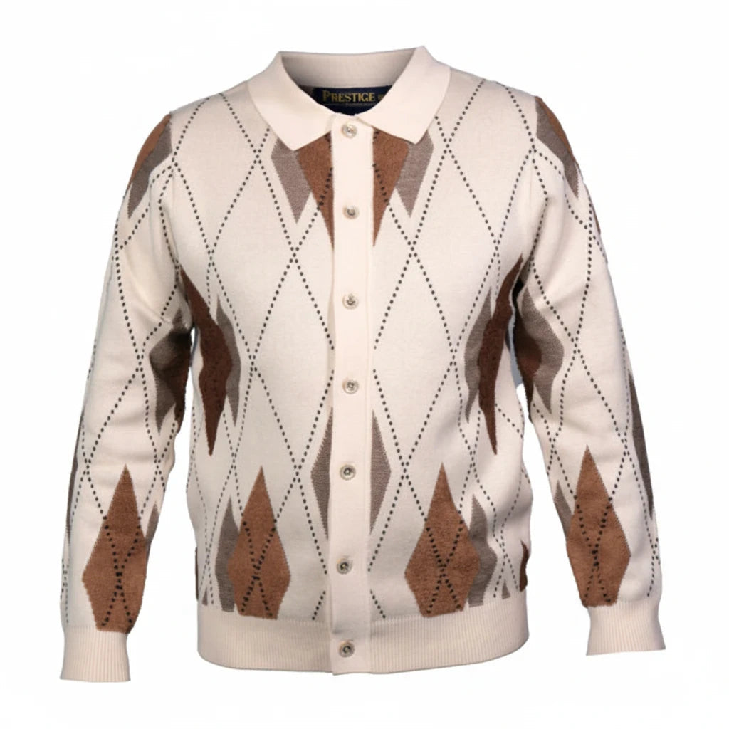suit-yourself-menswear Prestige Original argyle sweater in cream and brown with a button-up front and polo collar