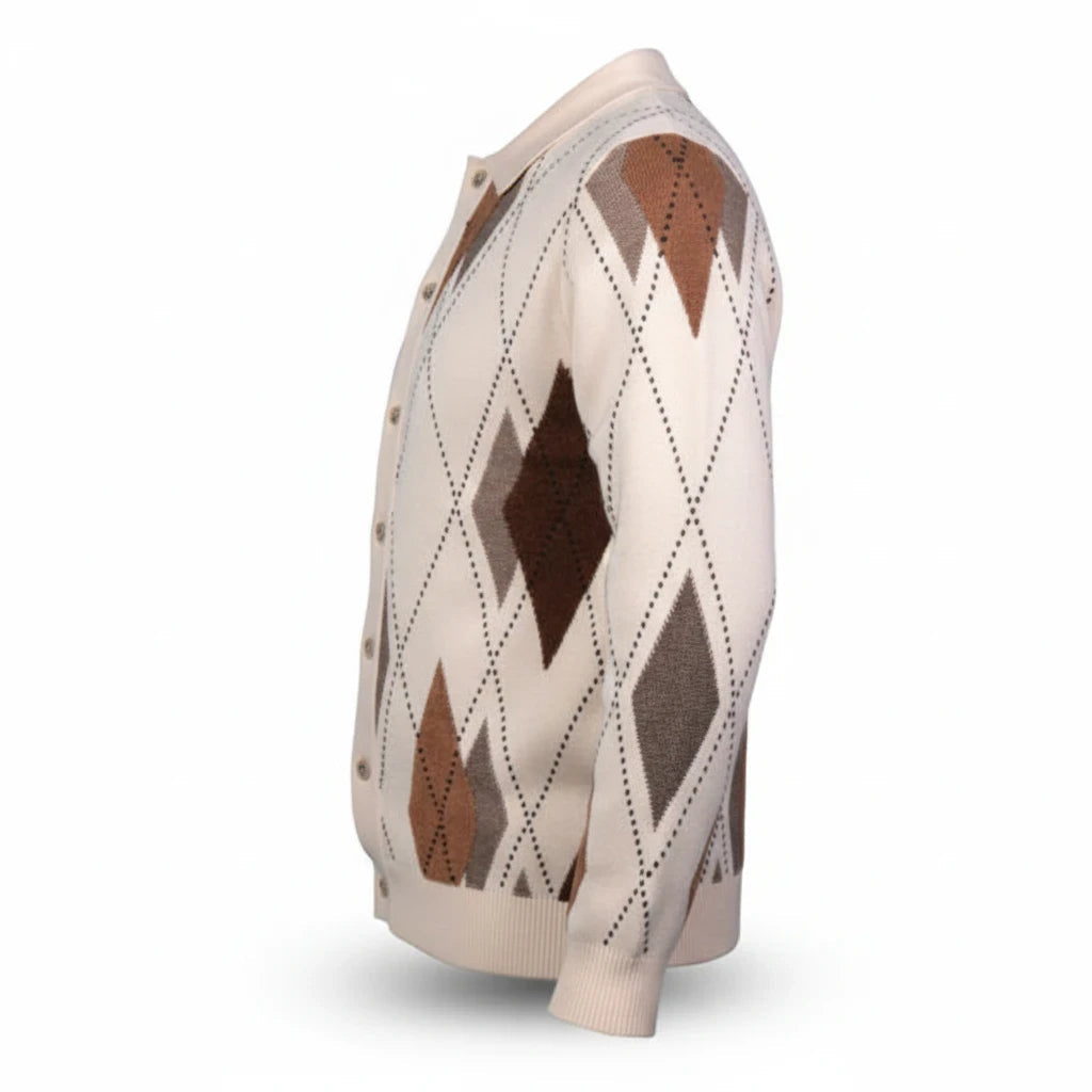 suit-yourself-menswear Prestige Original argyle sweater in cream and brown with a button-up collar, side view