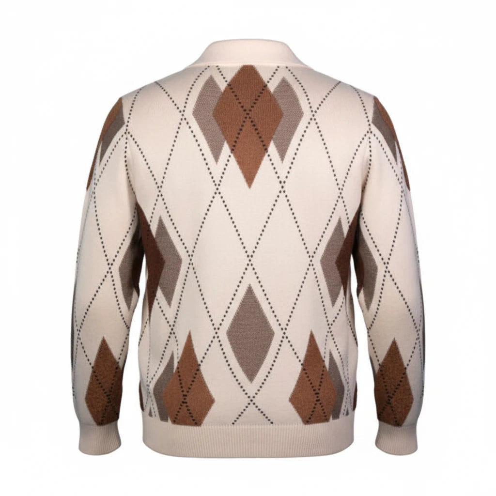 Back view of a cream and brown argyle sweater by suit-yourself-menswear with a classic polo collar and ribbed hem.