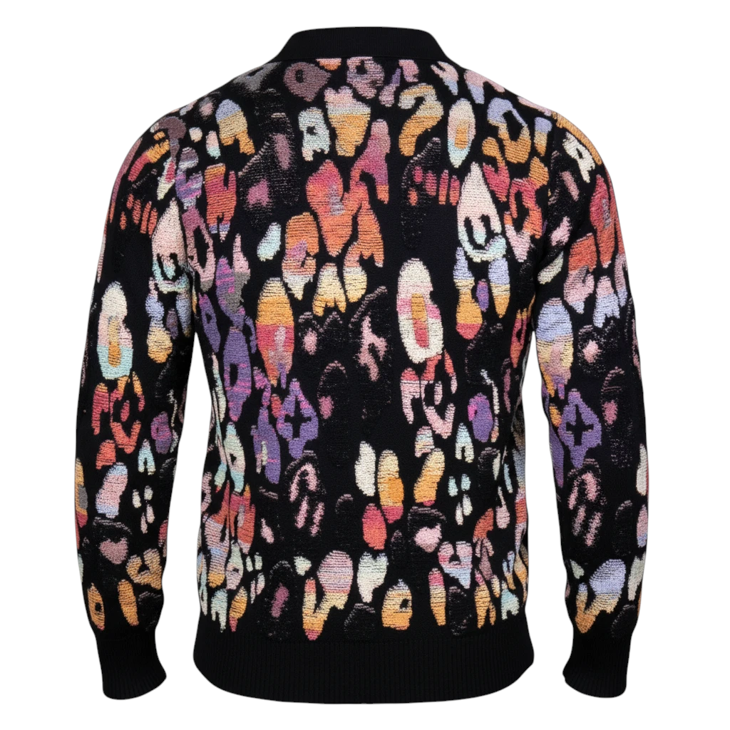 suit-yourself-menswear black sweater with a vibrant multi-color abstract pattern, back view of long-sleeve knitwear.