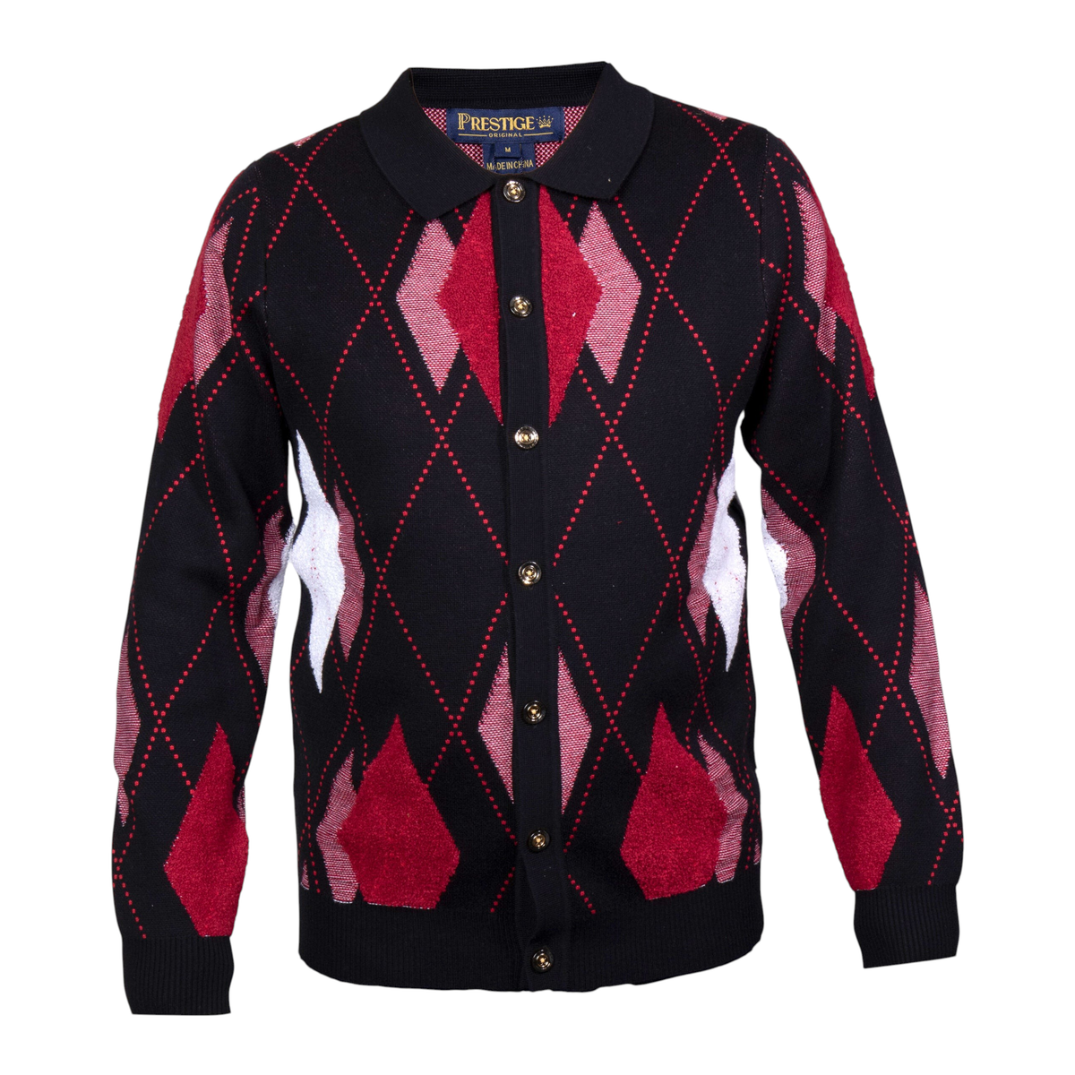 suit-yourself-menswear Prestige Original black cardigan with red and white argyle diamond pattern and button front