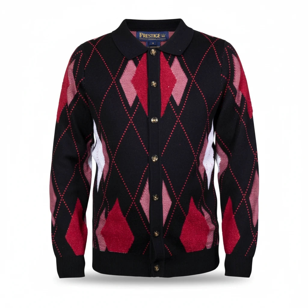 suit-yourself-menswear Prestige Original black cardigan with red and white argyle diamond pattern and button front
