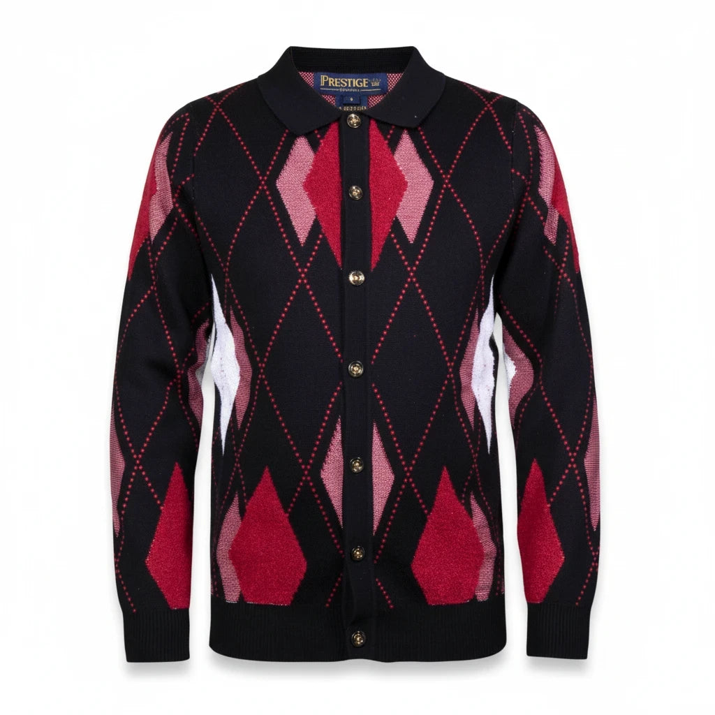 suit-yourself-menswear Prestige Original black cardigan sweater with a red and pink argyle diamond pattern