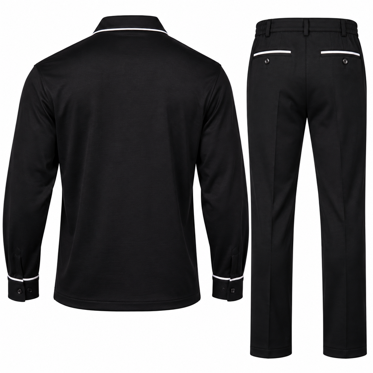 suit-yourself-menswear black two-piece casual set with long-sleeve shirt and trousers featuring white contrast piping