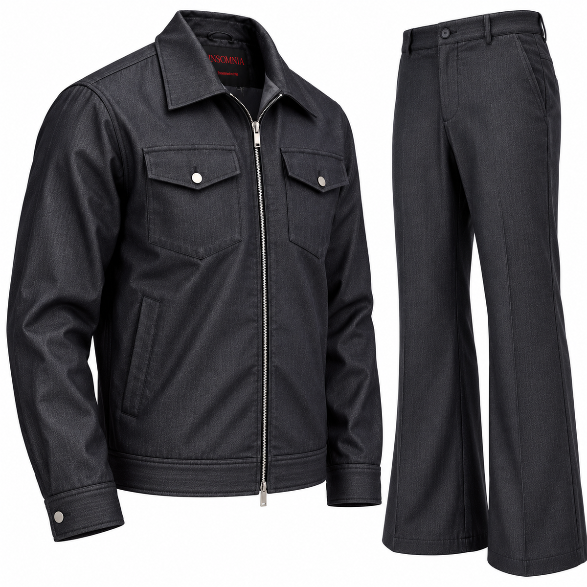 suit-yourself-menswear black denim two-piece set with a zip-front jacket and matching flare leg trousers