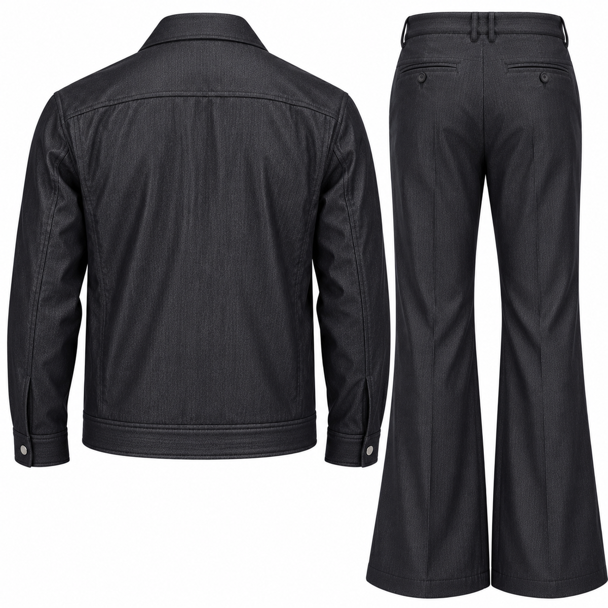suit-yourself-menswear black denim two-piece set featuring a jacket and flare leg trousers, back view