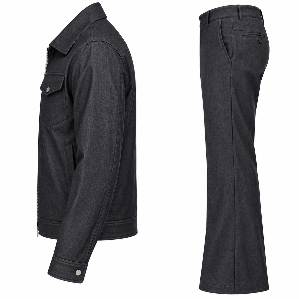 suit-yourself-menswear black denim two-piece set featuring a zip-front jacket and matching flare leg trousers