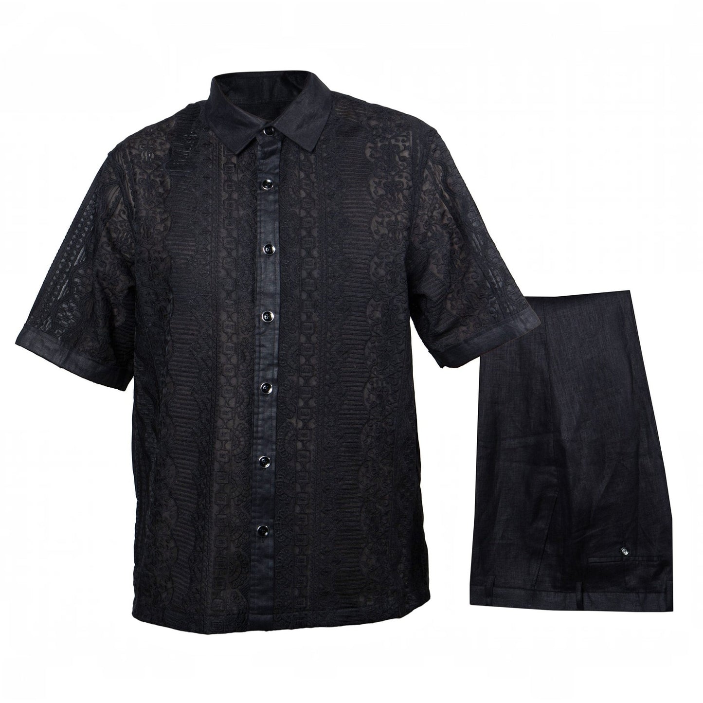 suit-yourself-menswear black linen two-piece casual set with intricate lace detailing and short sleeves