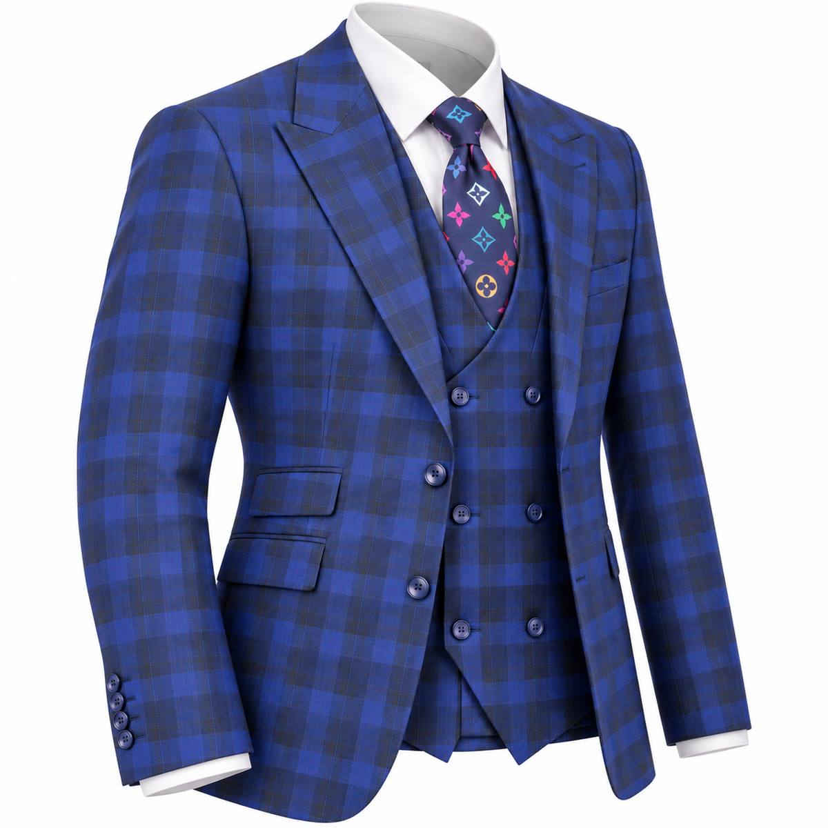 suit-yourself-menswear Tiglio Portofino blue and navy plaid 3-piece suit with a double-breasted vest and peak lapels.