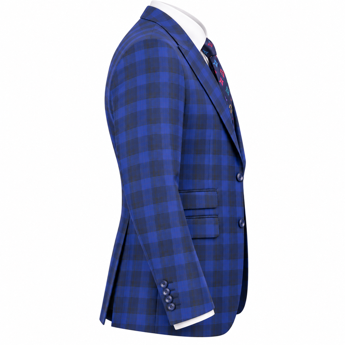 suit-yourself-menswear Tiglio Portofino blue and navy plaid 3-piece suit jacket with peak lapels on a mannequin