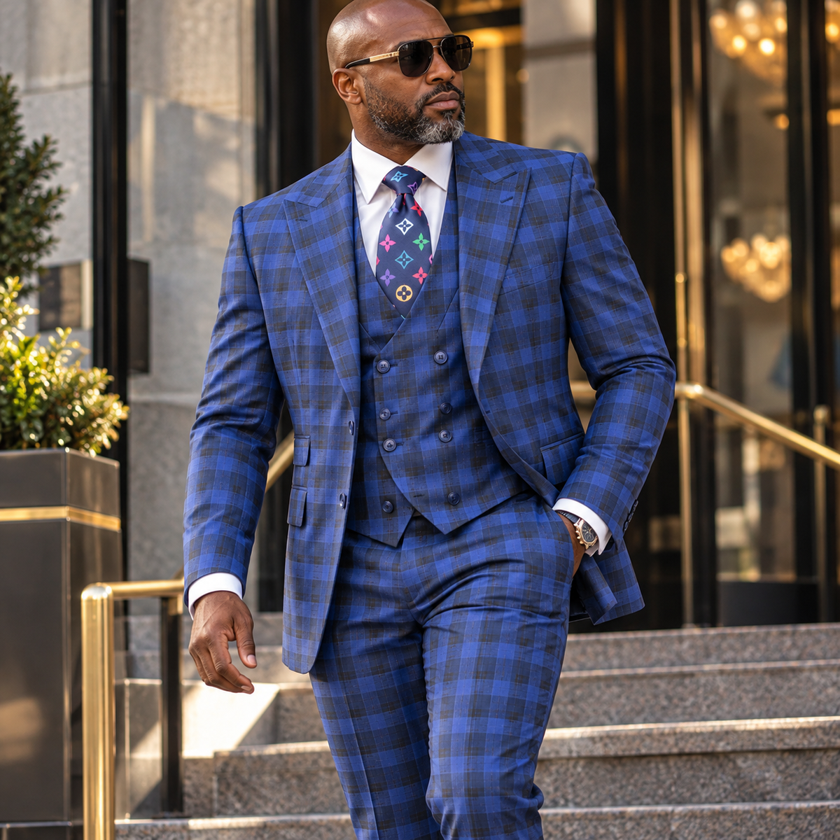 suit-yourself-menswear Tiglio Portofino blue and navy plaid 3-piece suit with double-breasted vest worn by a man