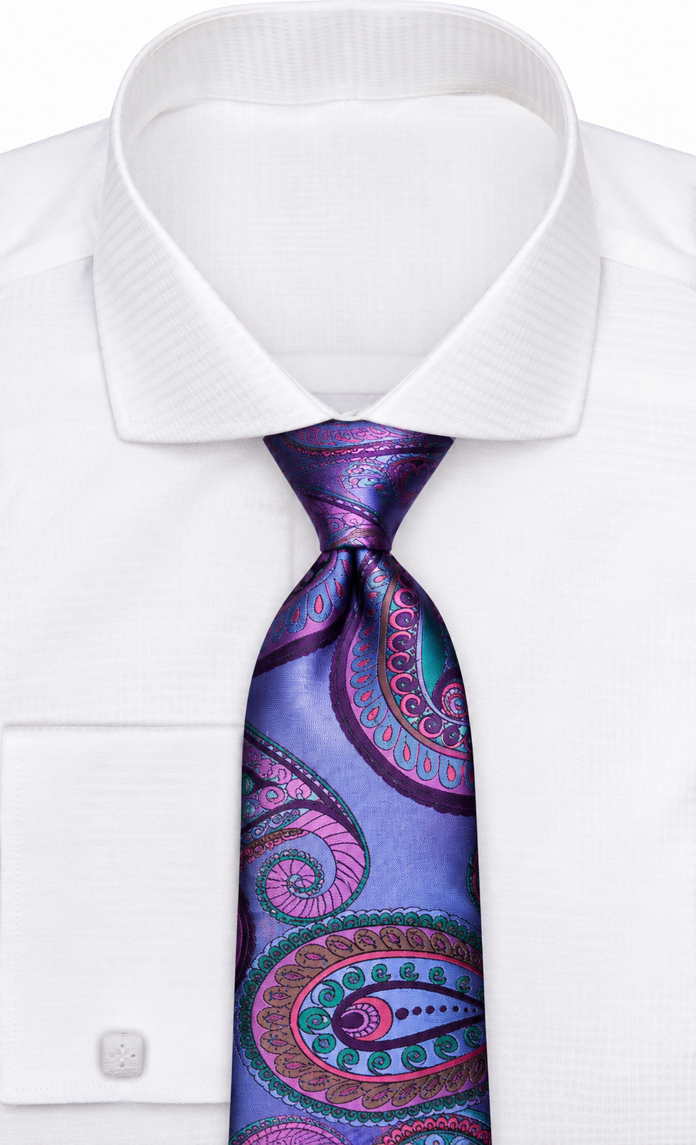 suit-yourself-menswear BRUNO 4 blue and purple paisley silk necktie tied on a crisp white dress shirt
