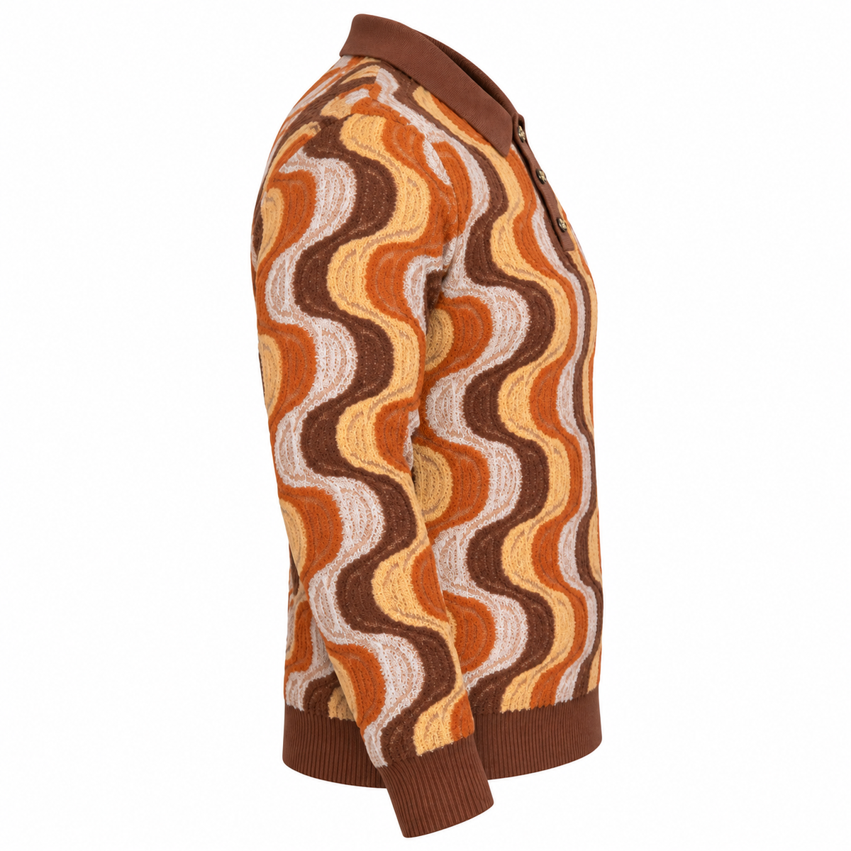 suit-yourself-menswear Prestige Original long-sleeve knit polo sweater with a retro brown and orange wave pattern