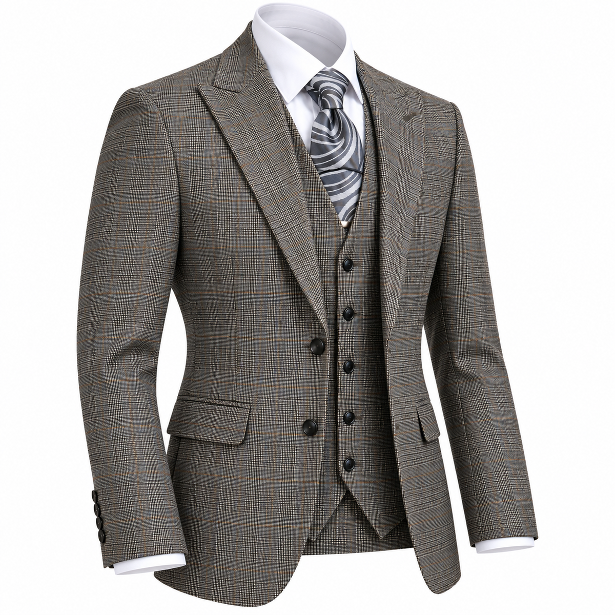 suit-yourself-menswear brown plaid 3 piece suit with tailored jacket, matching vest, and white shirt with grey tie