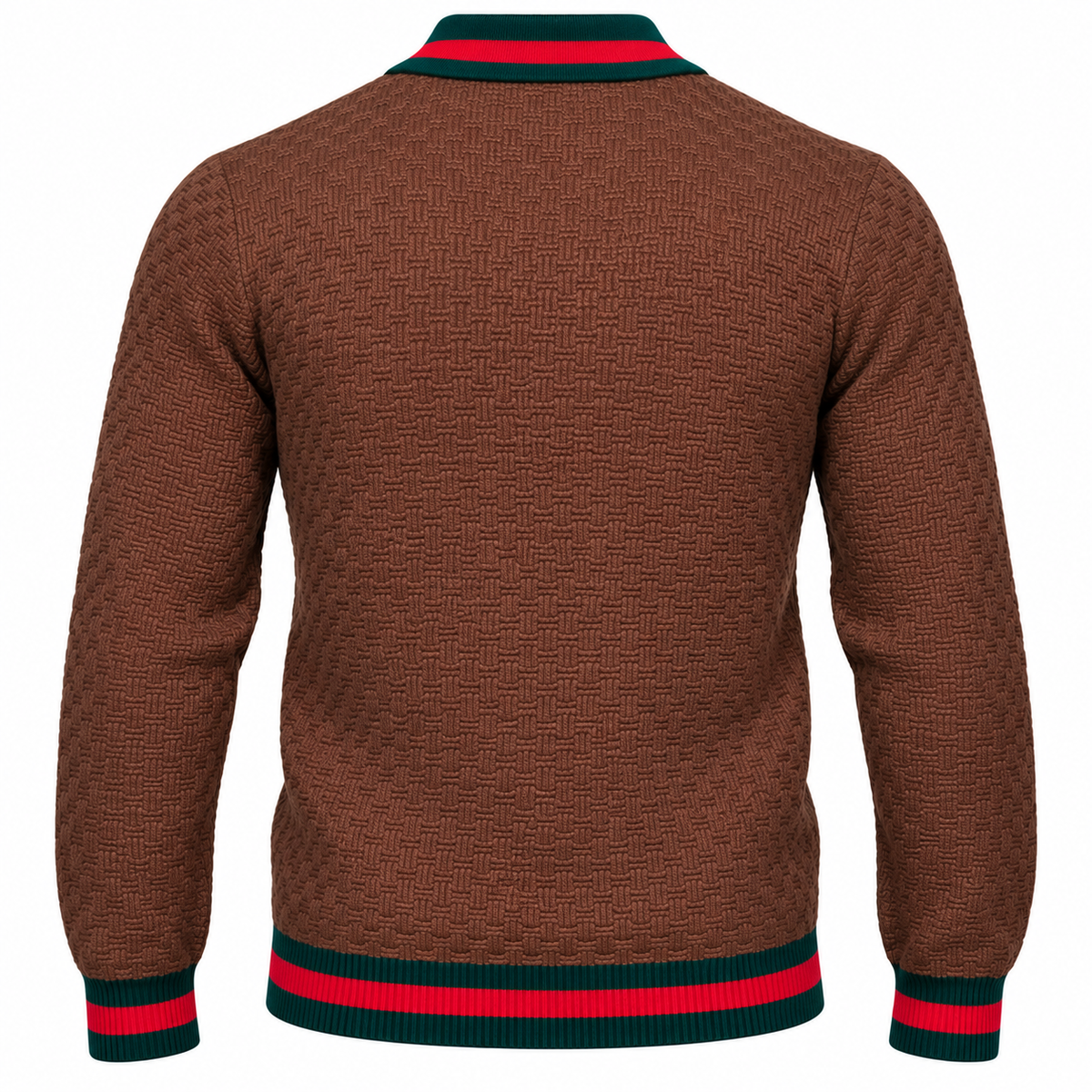 suit-yourself-menswear brown textured knit sweater with green and red striped collar and cuffs, back view