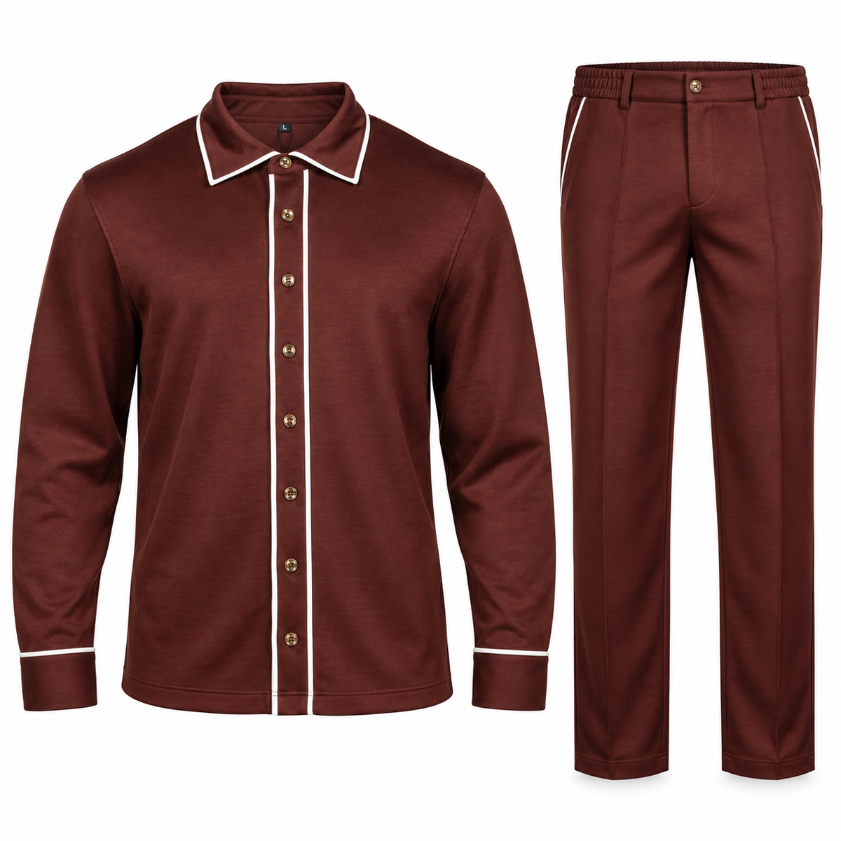 Suit Yourself Menswear brown two-piece casual set with long-sleeve button-front shirt and matching trousers