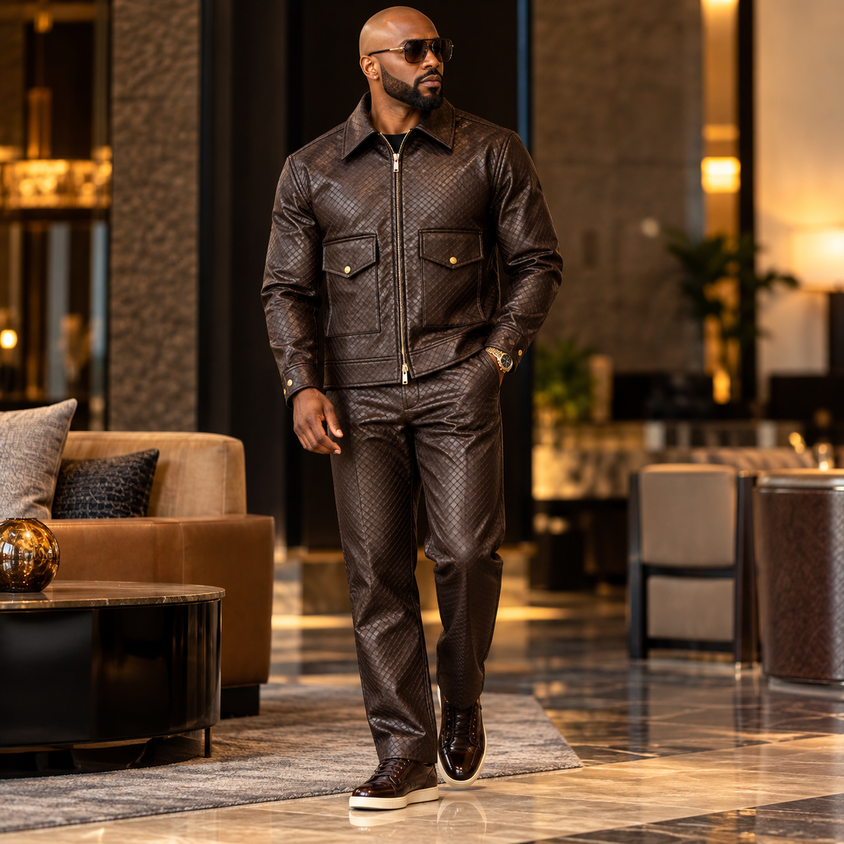 suit-yourself-menswear brown faux leather two-piece set with woven pattern, featuring a zip jacket and matching pants.