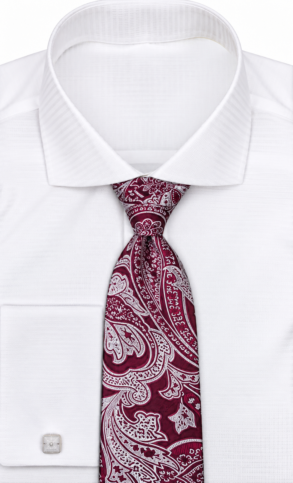 suit-yourself-menswear burgundy and white paisley neck tie styled with a crisp white dress shirt and cufflinks