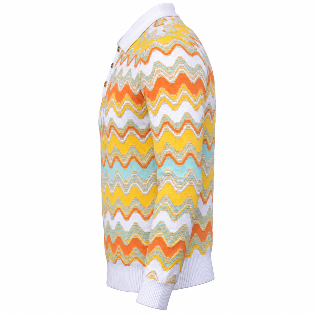 suit-yourself-menswear white and yellow chevron knit polo sweater with button placket, side view