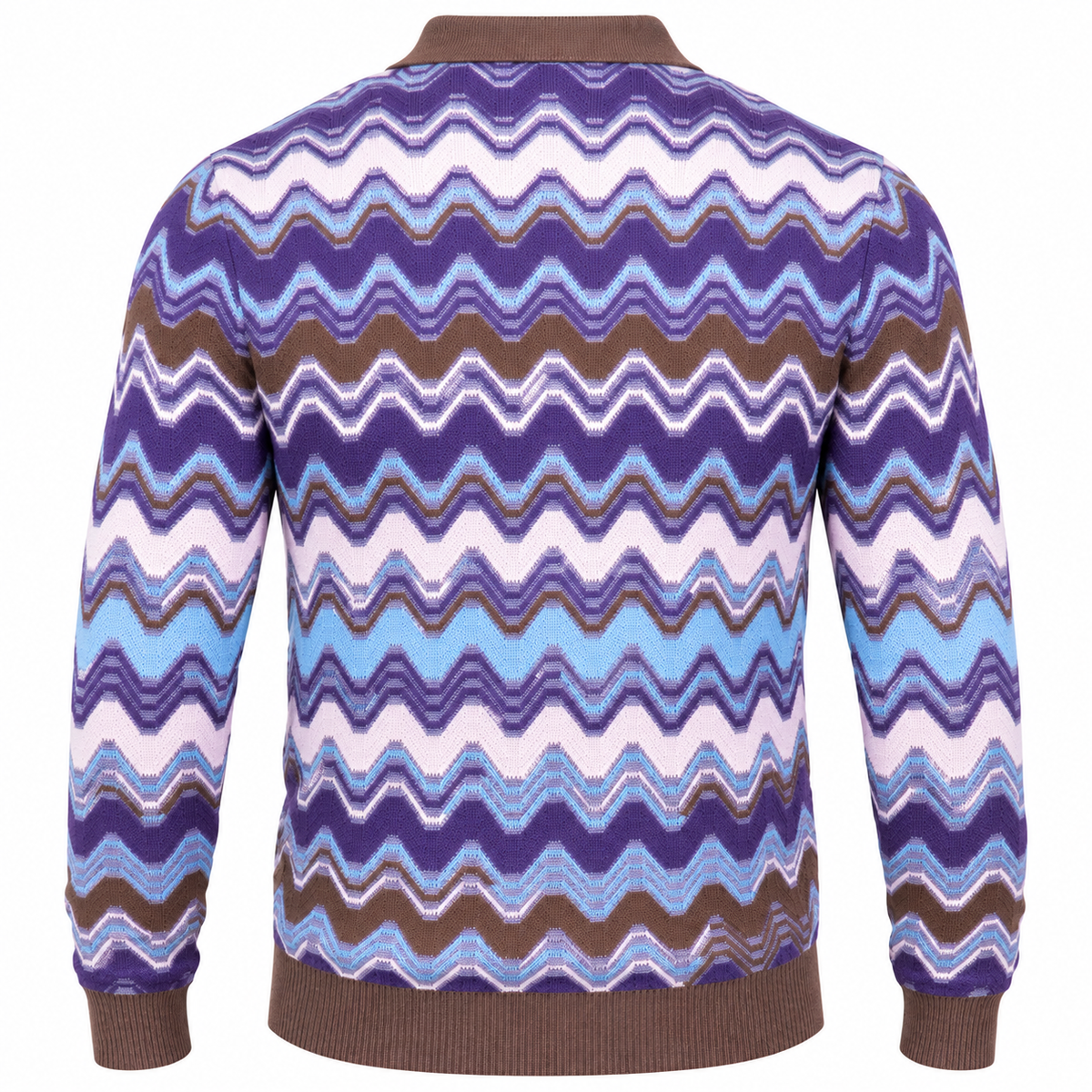 suit-yourself-menswear oatmeal and purple chevron knit sweater with a brown collar and ribbed cuffs, back view