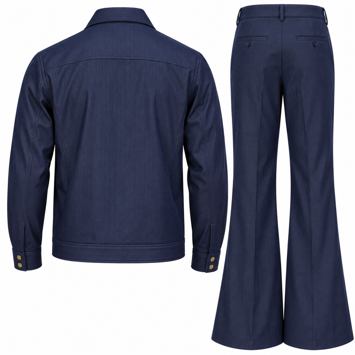 suit-yourself-menswear denim blue two-piece set featuring a collared jacket and flared leg trousers