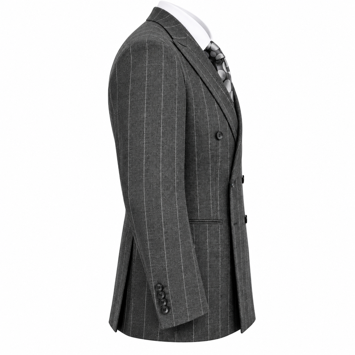 suit-yourself-menswear Canuti gray pinstripe double-breasted suit jacket with a white shirt and patterned tie