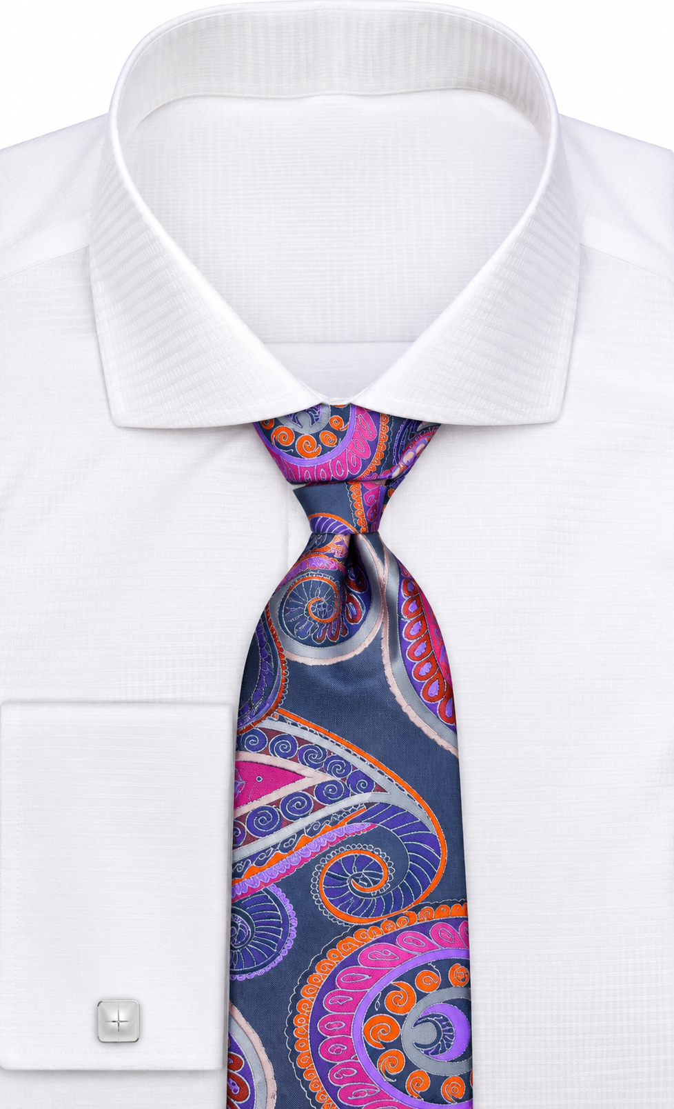 suit-yourself-menswear dark grey and pink paisley necktie on a white dress shirt with silver cufflinks