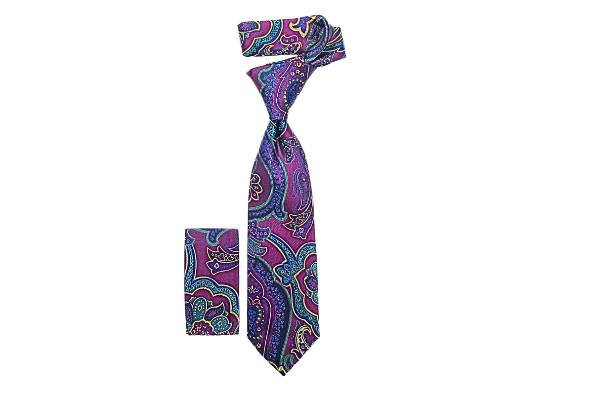 suit-yourself-menswear magenta paisley necktie with matching pocket square for formal attire