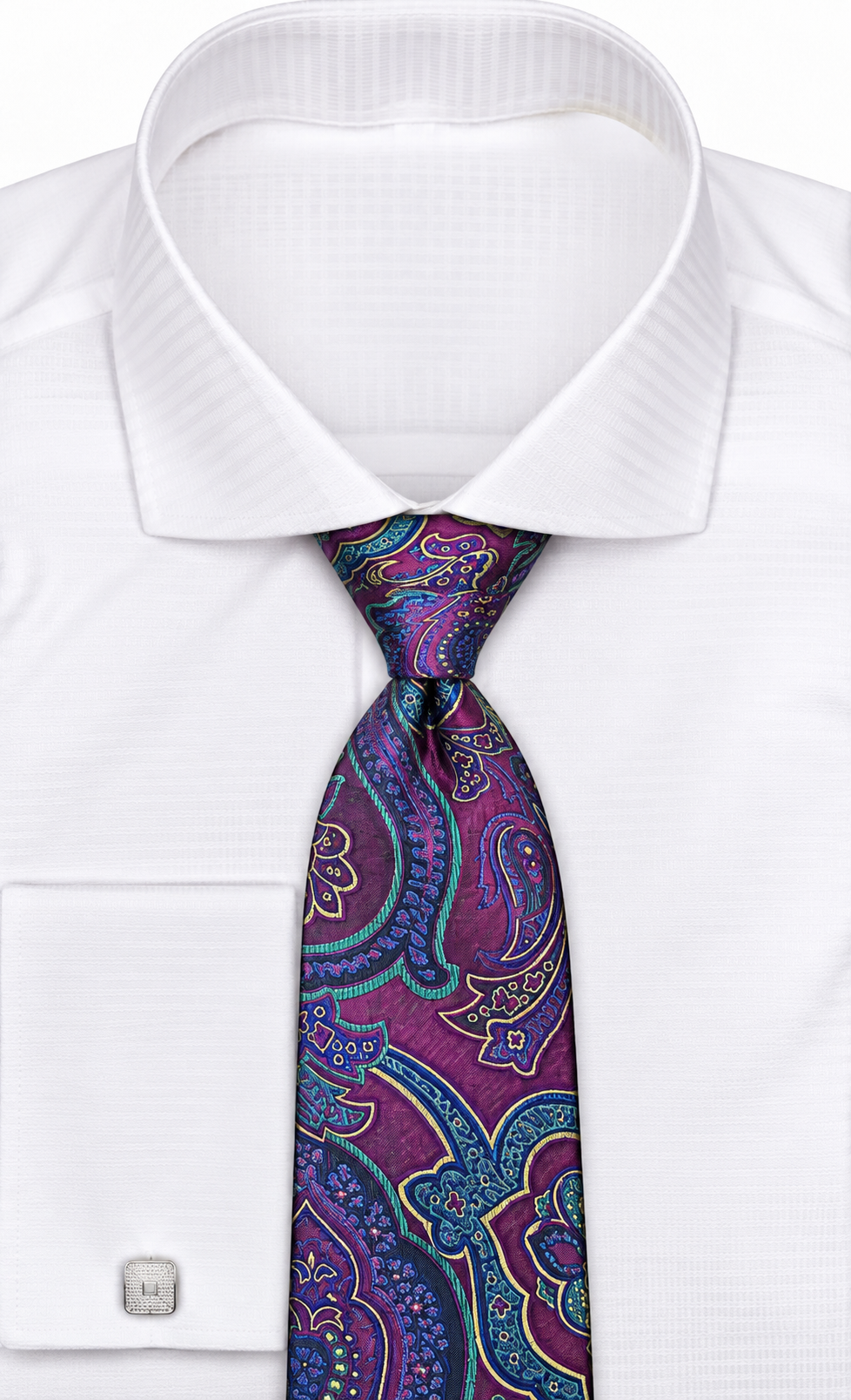 suit-yourself-menswear magenta paisley necktie with intricate teal and purple patterns on a white dress shirt