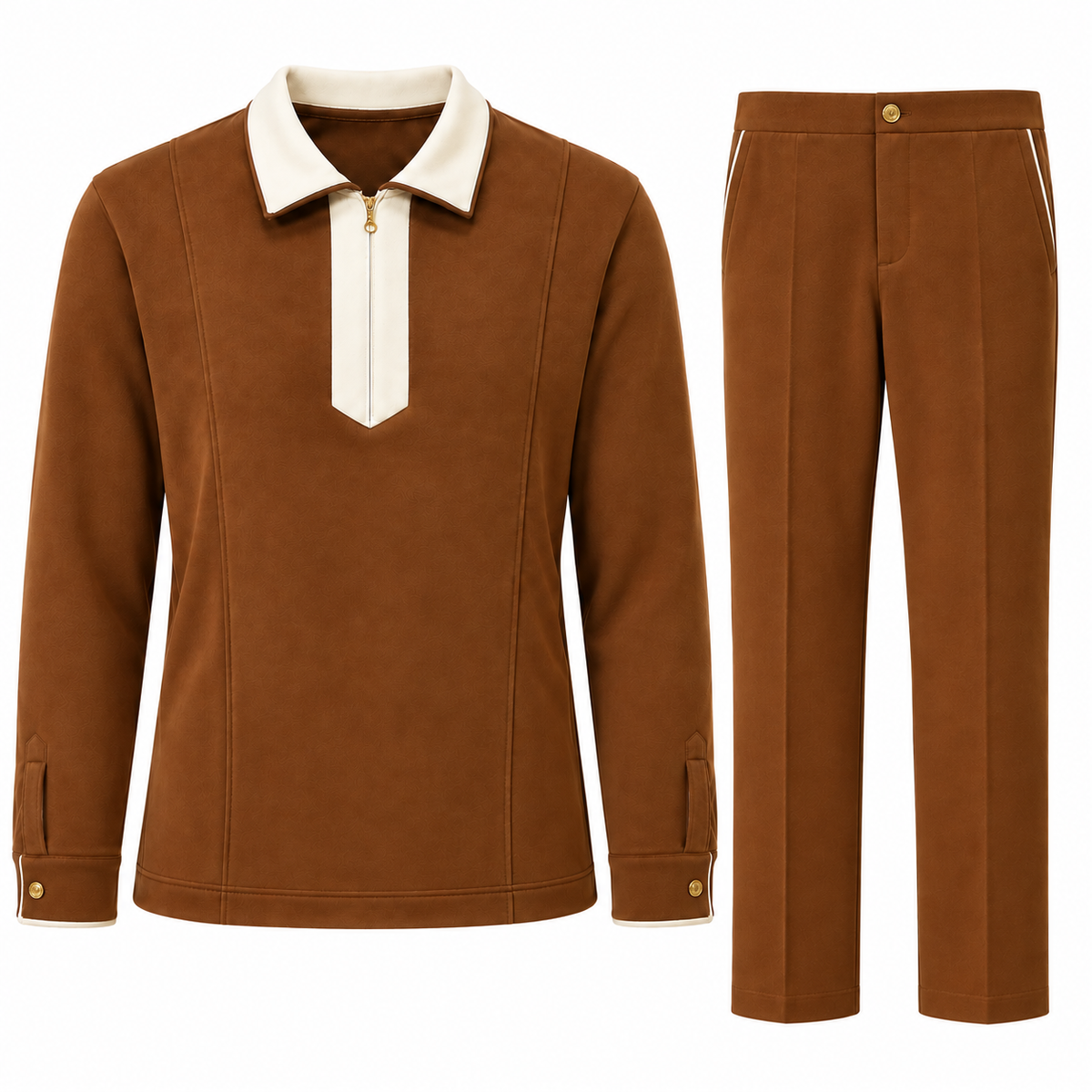 suit-yourself-menswear mocha brown two-piece casual set with a cream contrast quarter-zip collar and matching trousers