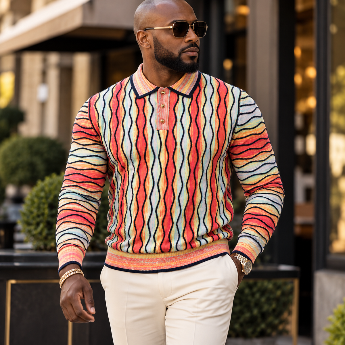 suit-yourself-menswear Prestige Original multi-color textured knit polo sweater with 90s-inspired wavy patterns