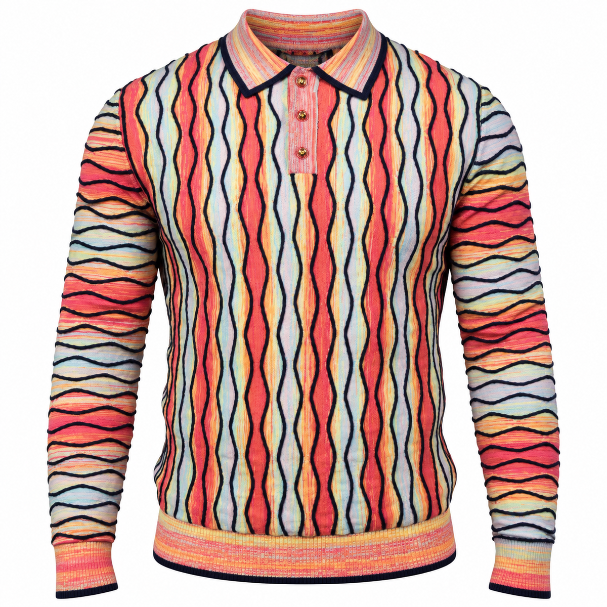 suit-yourself-menswear Prestige Original multicolor knit polo sweater with 90s inspired textured wave pattern