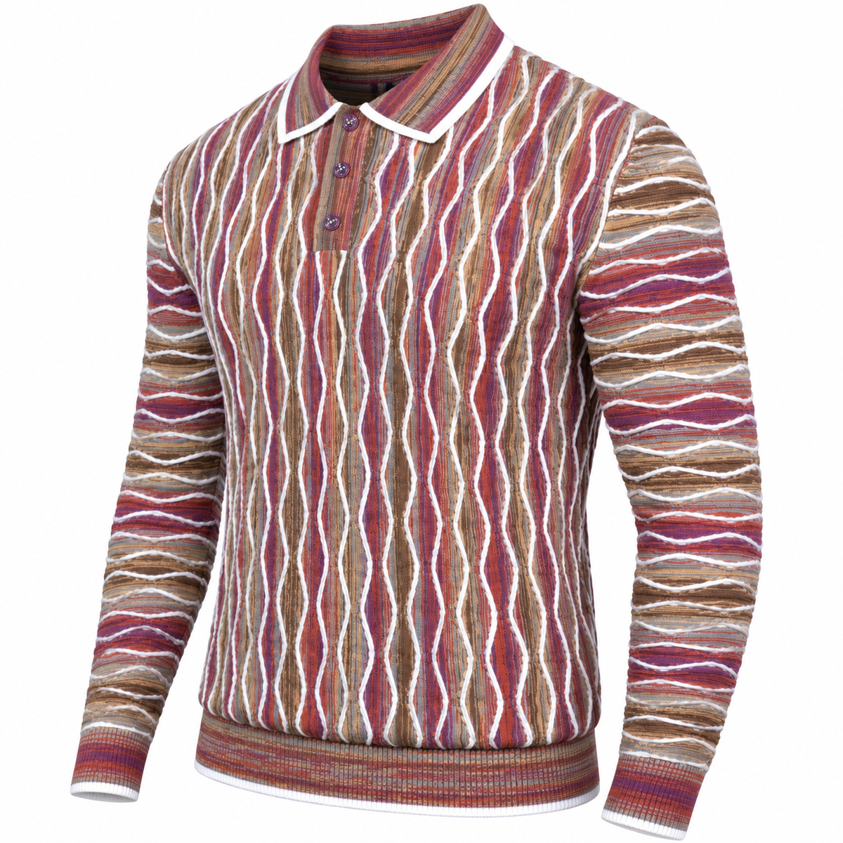 suit-yourself-menswear purple multi-color 90s style textured knit polo sweater with intricate patterned design
