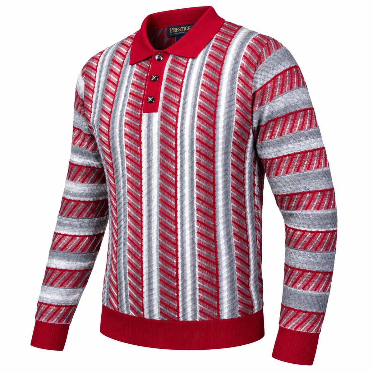 suit-yourself-menswear Prestige red and grey mosaic stripe button-up polo sweater with ribbed cuffs and collar