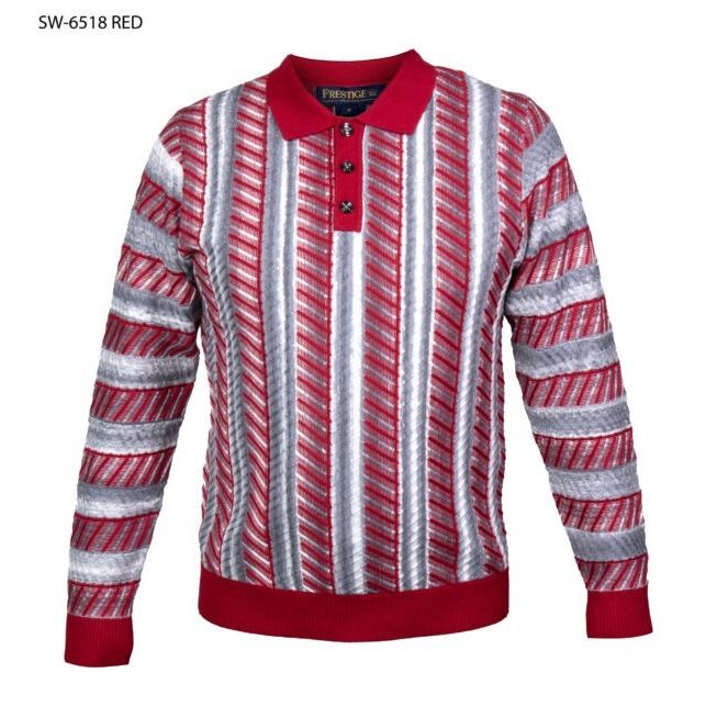 suit-yourself-menswear Prestige red and grey striped knit polo sweater with a three-button placket and ribbed hem