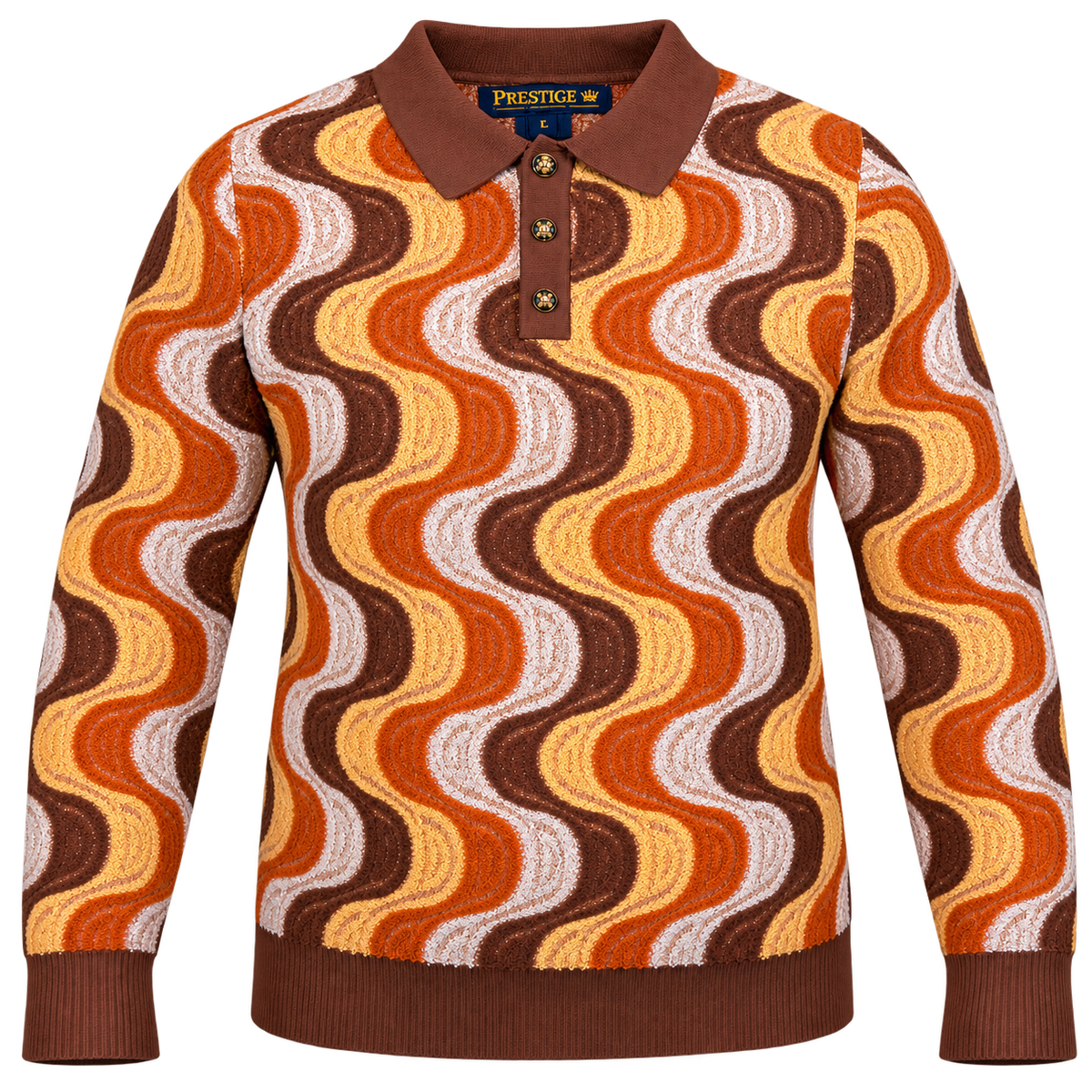 suit-yourself-menswear Prestige Original long-sleeve knit polo sweater with a retro brown, orange, and cream wave print.