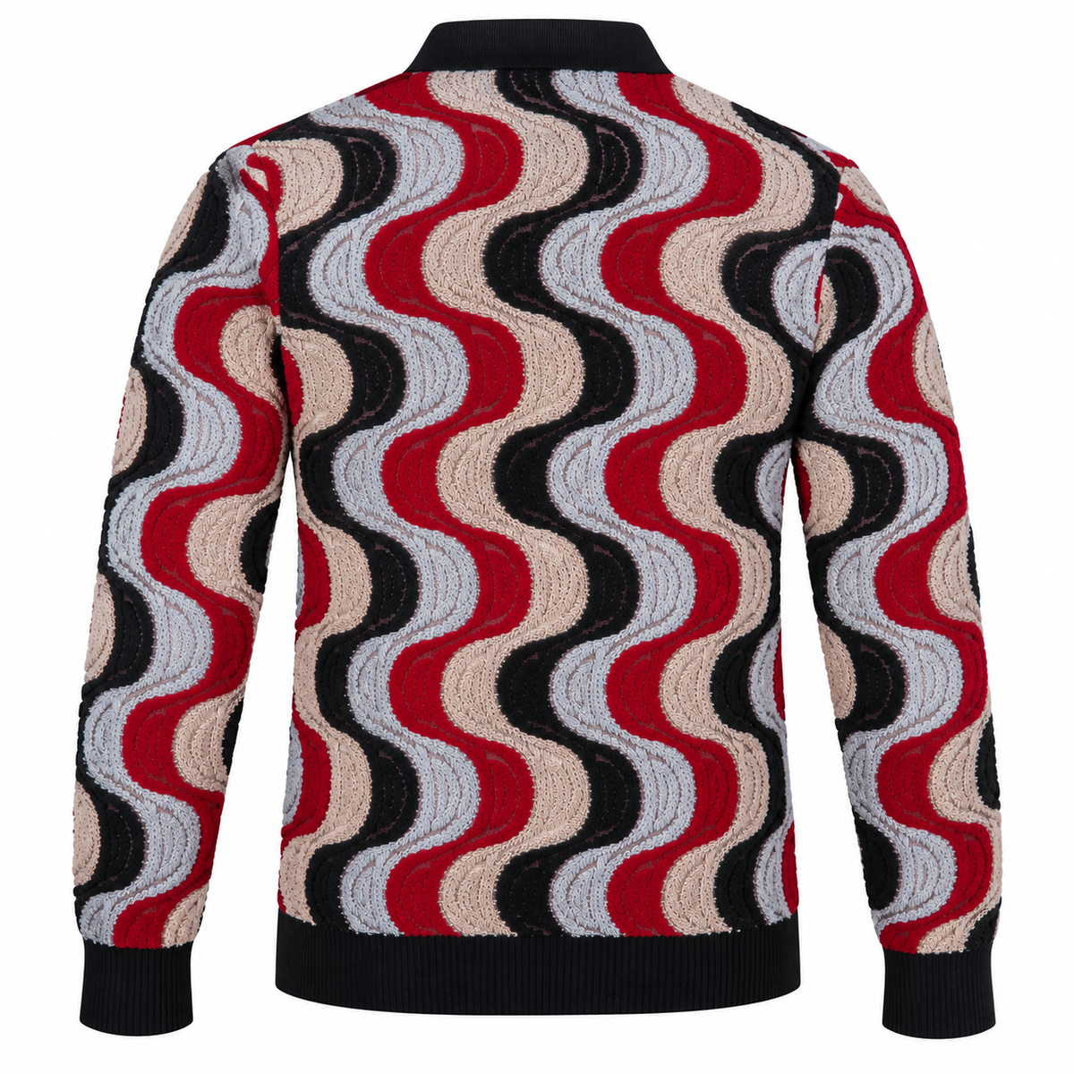 suit-yourself-menswear Prestige Original sweater with a black, burgundy, and beige wavy swirl pattern, back view
