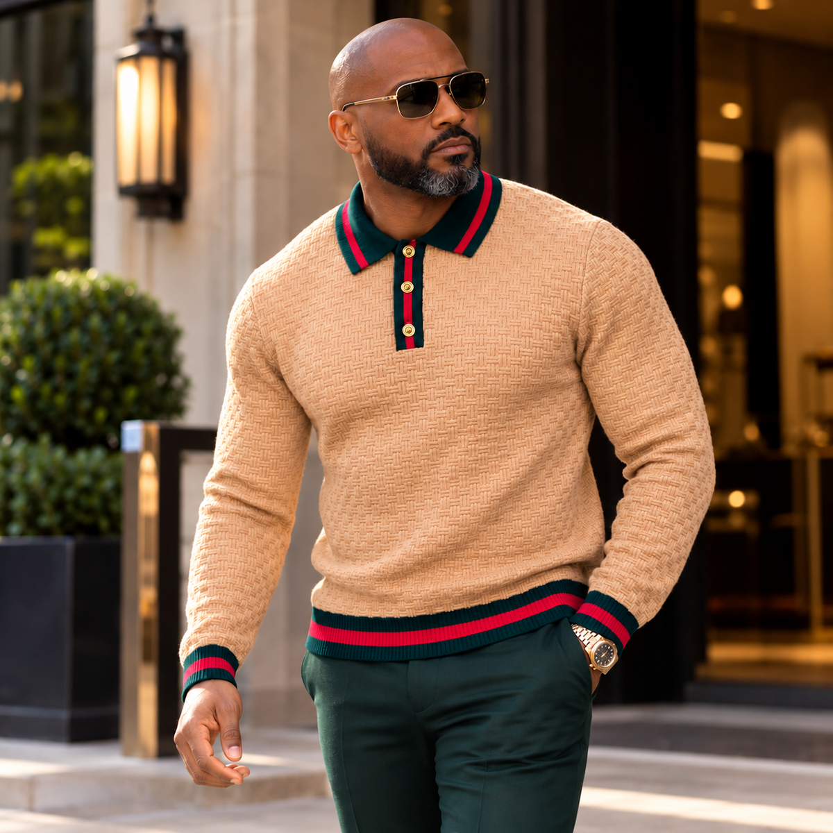 suit-yourself-menswear tan-sw-6520 textured knit polo sweater with green and red striped trim worn by a man in sunglasses