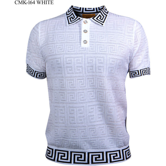 Prestige White Black Luxury Knit Greek Polo Shirt CMK-164-WHITE
