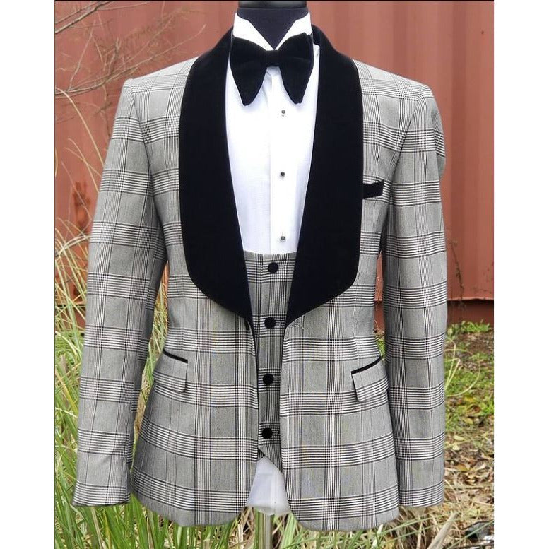 Rossi Man Grey Black Glen Plaid 3 pc Tuxedo