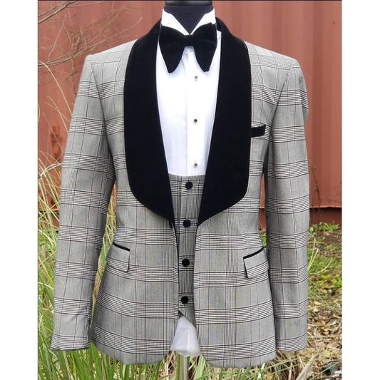 Rossi Man Grey Black Glen Plaid 3 pc Tuxedo