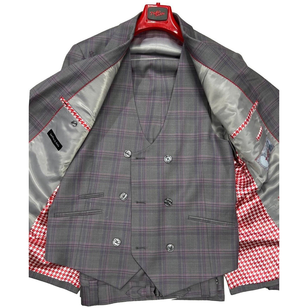 Tiglio Medium Grey Purple Magenta Plaid 3 Piece Suit