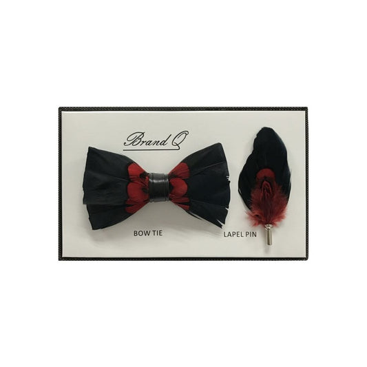 Black Red Feather Brackish Bowtie With Feather Lapel Pin