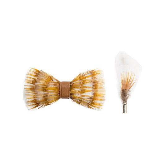 White Gold Feather Brackish Bowtie With Lapel Feather