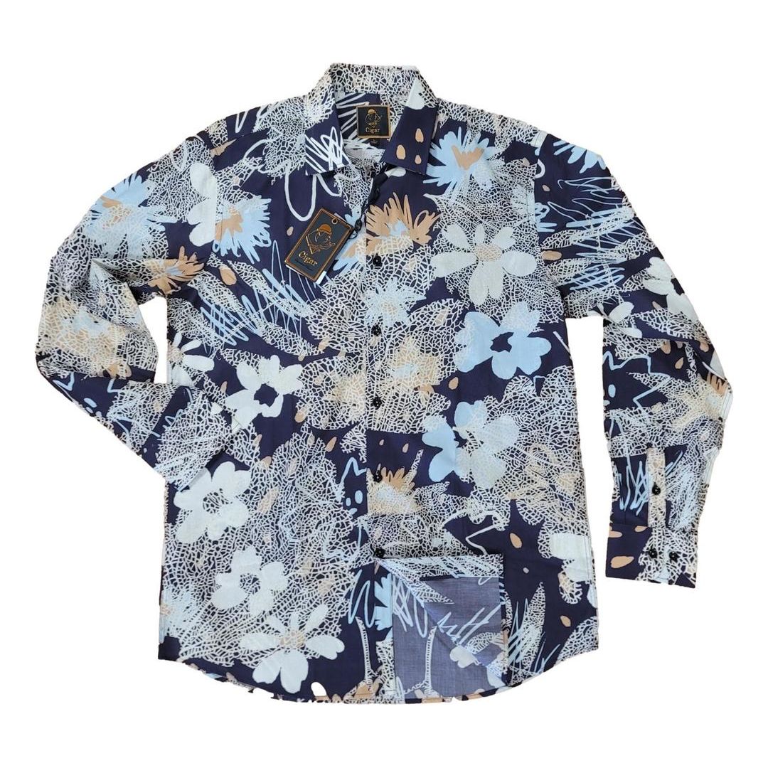 Cigar Tan Navy Floral Casual Shirt S-4416