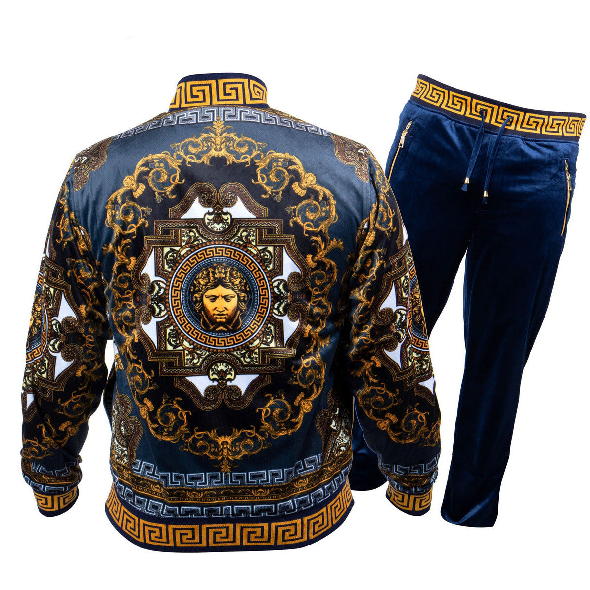 Prestige Navy Blue Gold Reversible Velvet Luxury Jogger Suit