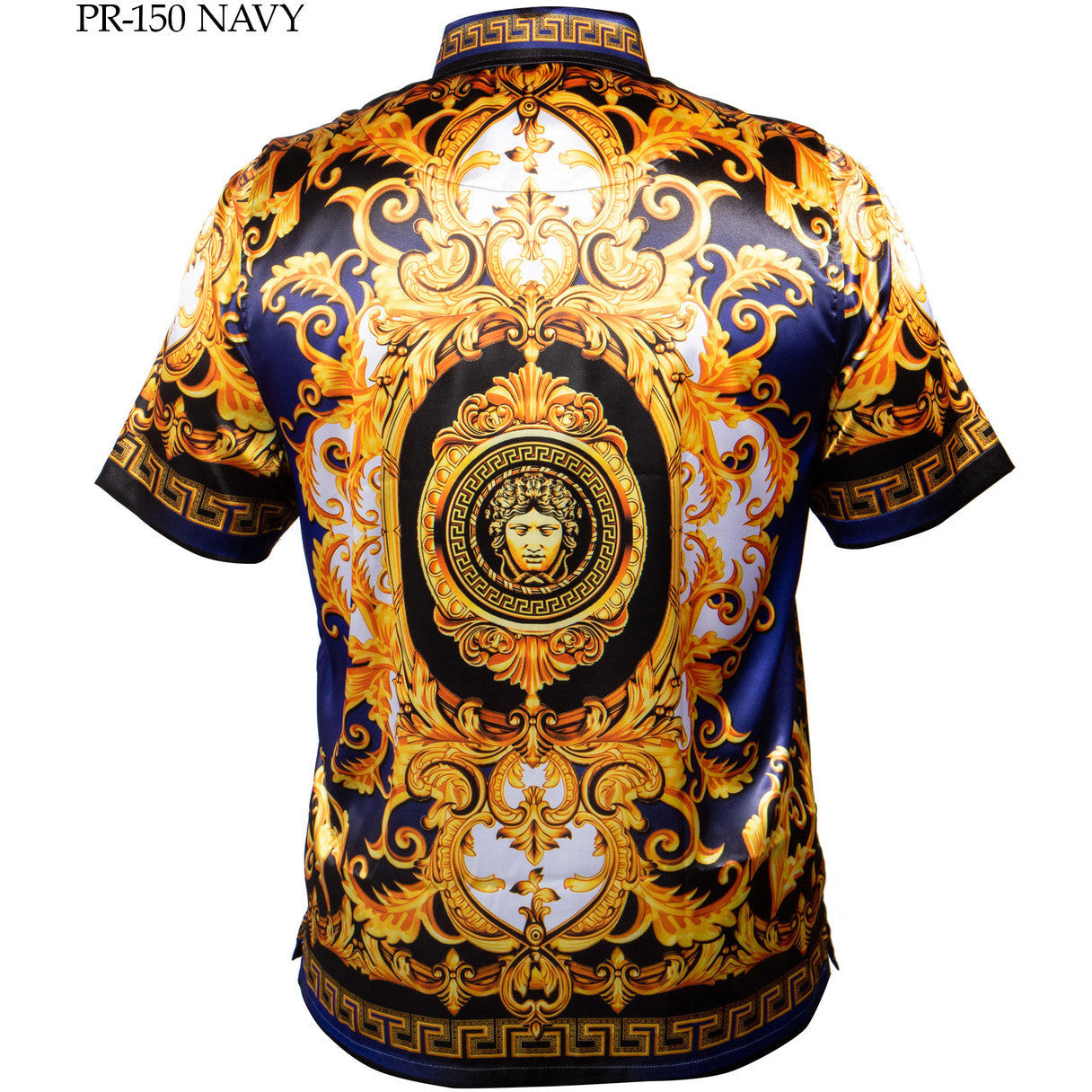 PRESTIGE VERSACE INSPIRED NAVY GOLD SATIN SHIRT