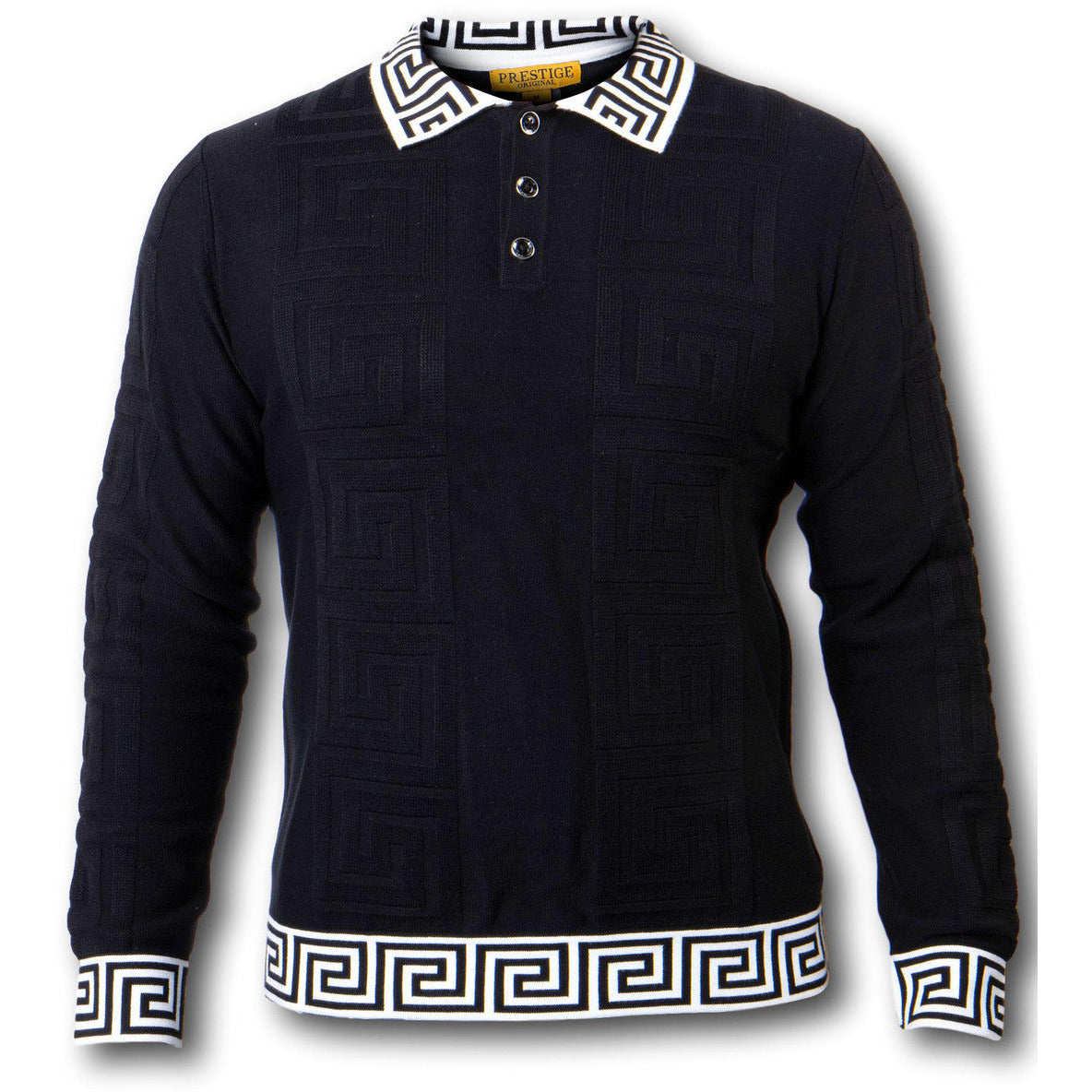 PRESTIGE GREEK KEY BLACK LONG SLEEVE POLO SHIRT