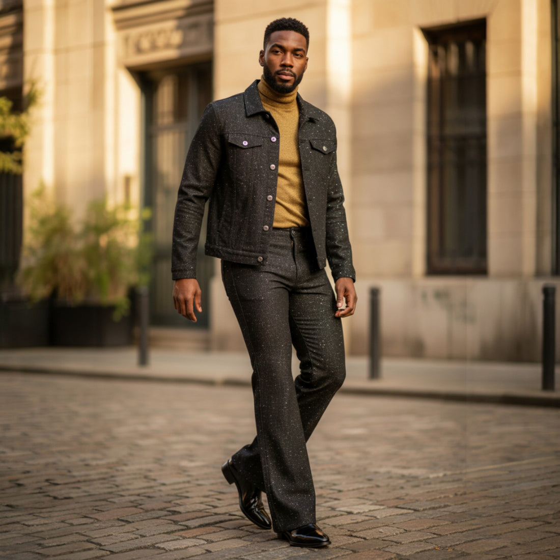 BRX Couture Black Gold Flare Leg 2 Piece Casual Suit - BRX-714