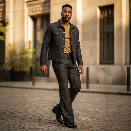 BRX Couture Black Gold Flare Leg 2 Piece Casual Suit - BRX-714